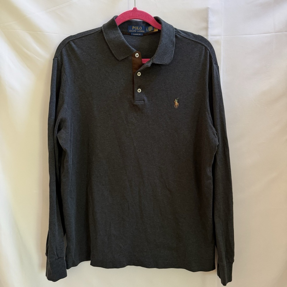 Polo Ralph Lauren Mens L/S Polo Shirt L Gray Suede Placket Classic Flesh Pony